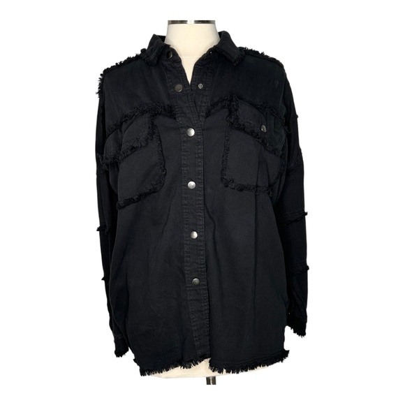 Elan Rock & Roll Denim Shacket Jacket Devan Black Snap Front Frayed Trim Small - Picture 2 of 9